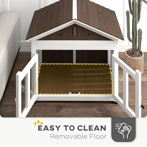 PawHut 40" L Dog House Outdoor Indoor, Wooden Dog Kennel for Small, Medium, Large Dogs, Puppy Shelter with Air Vents & Elevated Removable Floor, Magnetic Doors, Foot Covers, Dark Brown - Image 5