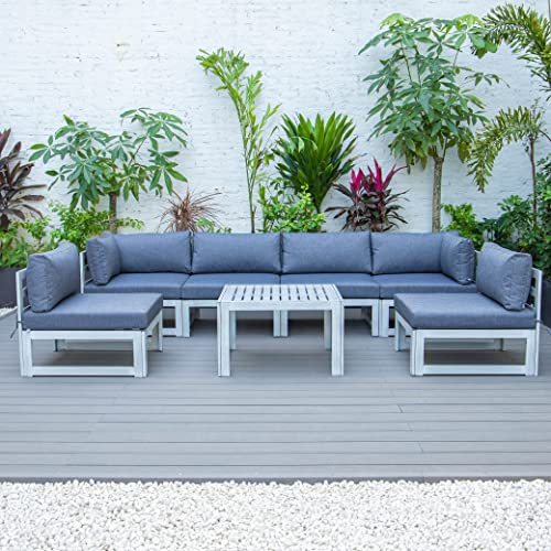 Leisuremod Chelsea 7-Piece Outdoor Patio Conversation Set In Weathered Grey Aluminum With Coffee Table & Cushions, Blue #TOP1