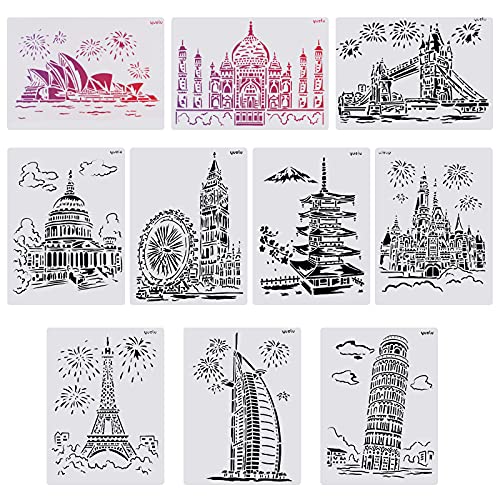 GORGECRAFT 10pcs Berühmte Gebäude Thema Schablonen Kunststoff-Schablonenset für DIY A4 Journal Notizbuch Tagebuch Sammelalbum Kunsthandwerk Projekte, Weiß
