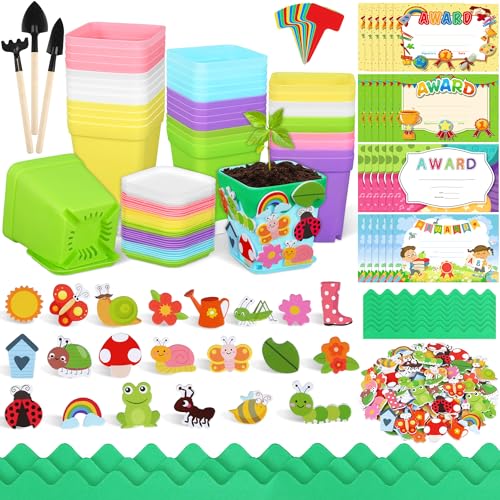Elcoho 36 Set Garden Plastic Pot Craft Kit Plant Spring Craft Kits for Kids Flower Pots with 150...