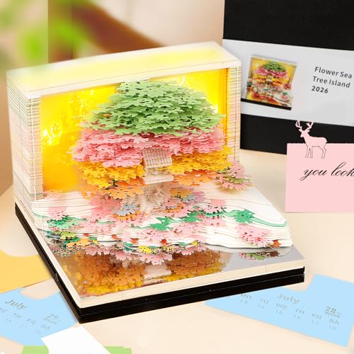 Auniq 2026 Calendario da Tavolo 3D Blocco note con luce, 2026 Calendario scrivania 3D della casa sull'albero Calendario tempo 3D Calendario della vita Artigianato artistico intaglio fai da te Regalo