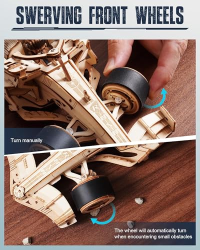 Image of ROKR 3D Wooden Puzzle 1:18 Scale Formula Racing Cars, Wind up Toys Model Car Kits for Adults to Build, Ideal Hobby Gift for Boys and Men Desk Decor Display