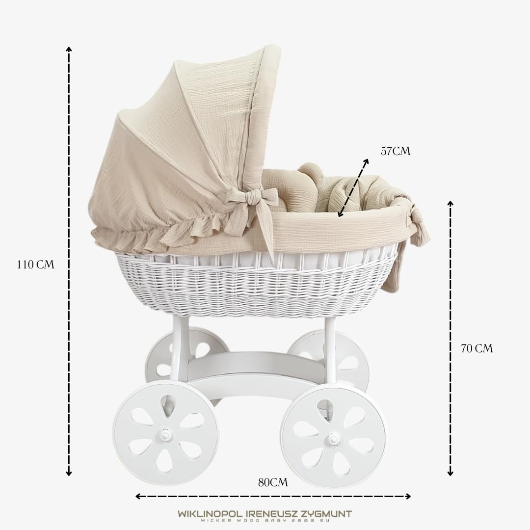Wiklinopol Couffin Bébé avec Support en Bois et roulettes Annabell – Berceau en Osier avec Matelas et Linge 5 Pièces Mousseline Beige – Poussette de lit Blanc pour Nouveau-né