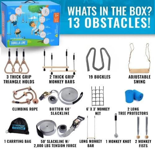 Miniatura 6 de Hyponix - Carrera de obstáculos ninja para niños, 2 líneas flojas de 60 pies con 13 obstáculos resistentes a la intemperie, red de mono, tecnología