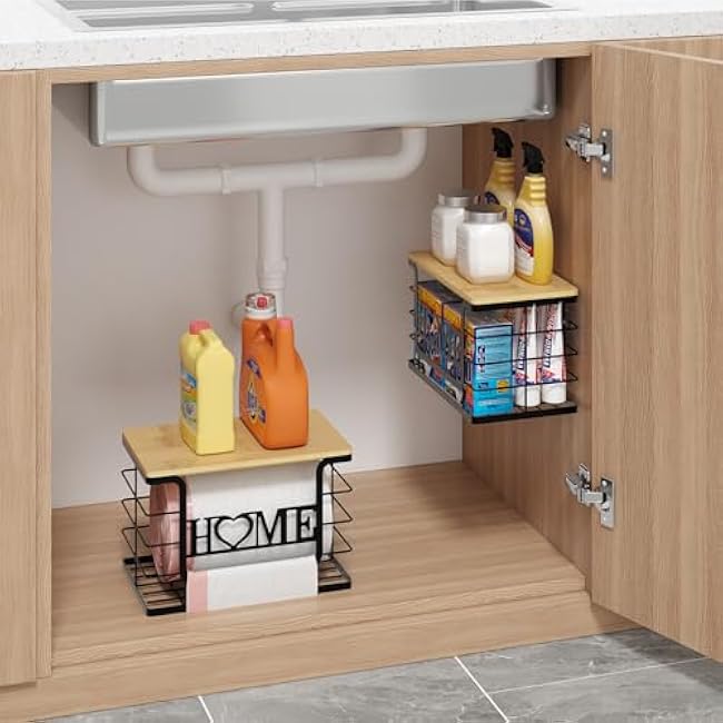 Trash Bag Holder, Thipoten Trash Bags Dispenser with Bamboo Top, Suitable for Garbage Bags Purchased Online or Supermarket, Perfect Storage Organizers for Cabinet, Under Sink (Black, 2pack-XL/L)