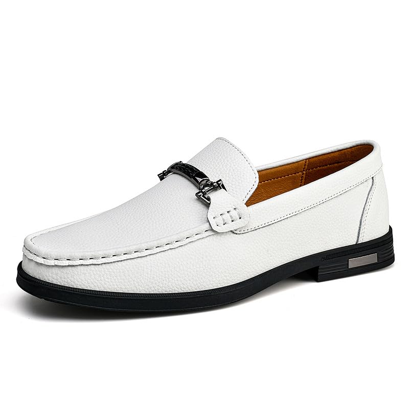 Men's Classic Leather Loafers, Slip-on Dress Shoes with Metal Buckle, Formal Business Moccasins,Black,White