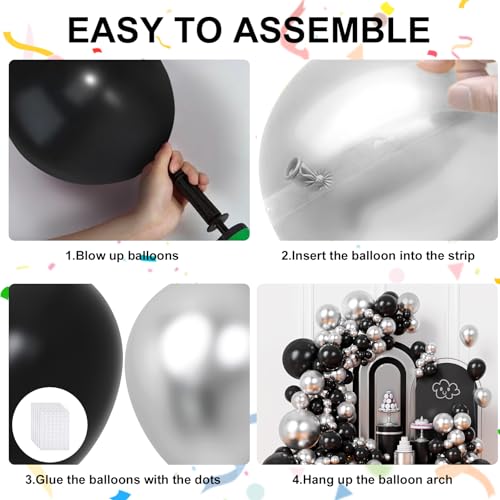 Image of Black and Silver Balloons Garland Arch Kit, Black Silver Balloons for Birthday, Wedding, Graduation, Anniversary Decorations