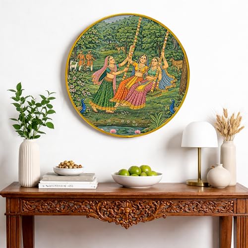 Image of Traditional Indian Village Madhubani Round Framed Wall Art Painting For Living Room | Rajasthani Folk Cultural Pichwai Wall Art Painting With Frame for Home, Bedroom & Office, 16 Inch