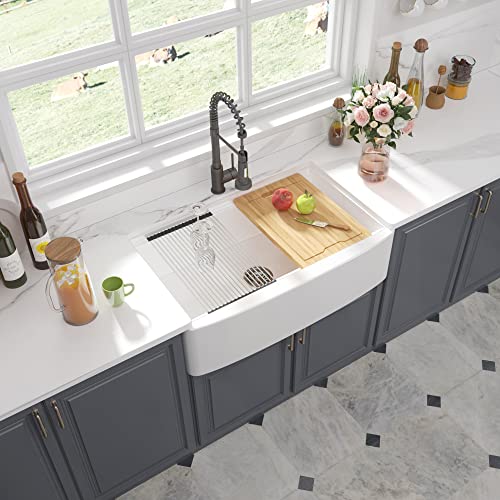 33x21 Inch Workstation Apron Front Farm Kitchen Sink White Ceramic Porcelain Single Bowl Farm Sink Extra Deep Wide Curved Front Undermount Farm Sinks 33x21 Inch Workstation Apron Front Farm Kitchen Sink White Ceramic Porcelain Single Bowl Farm Sink Extra Deep Wide Curved Front Undermount Farm Sinks