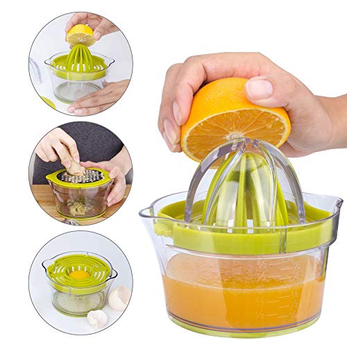 Exprimidor manual de cítricos 4 en 1 - Rallador, separador de huevos, exprimidor de manos de limón con colador Taza de medición incorporada - Apto para lavavajillas - 1 TAZA / 12OZ / 350 ml, verde
