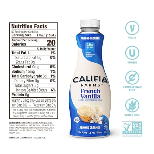 Califia Farms - French Vanilla Almond Milk Coffee Creamer, 25.4 Oz, Dairy Free, Plant Based, Vegan, Gluten Free, Non GMO