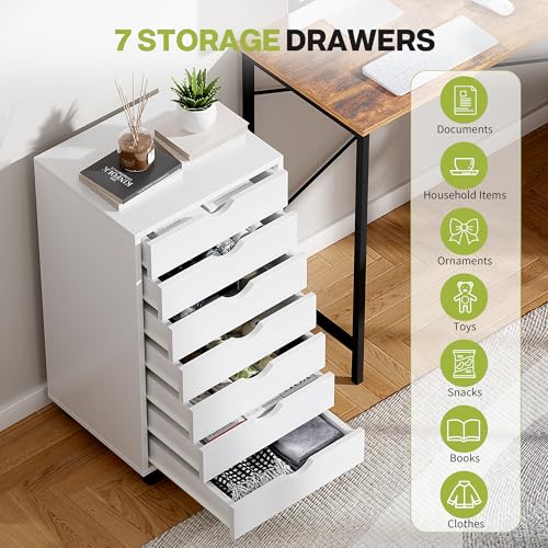 Image of 7 Drawer Chest, Dressers Storage Cabinets, Dresser Mobile Cabinet with Wheels, Drawers Organization Furniture for Office, Home, White