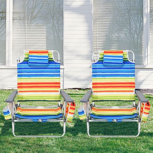Image of Giantex Folding Beach Chair, Patio Sling Chairs with 5 Adjustable Position, Head Pillow, Storage Bag, Towel Bar, Cup Holders, Backpack Chairs for Sunbathing, Camping Chair