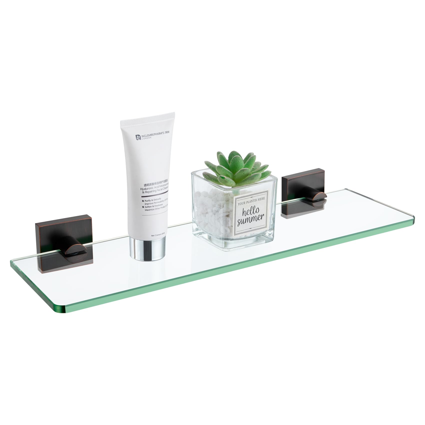 KOKOSIRI Tempered Glass Shelves 16-Inch Bathroom Floating Shelf Kitchen Hanging Rack for Shower Storage, Oil Rubbed Bronze Stainless Steel B1107ORB-L16