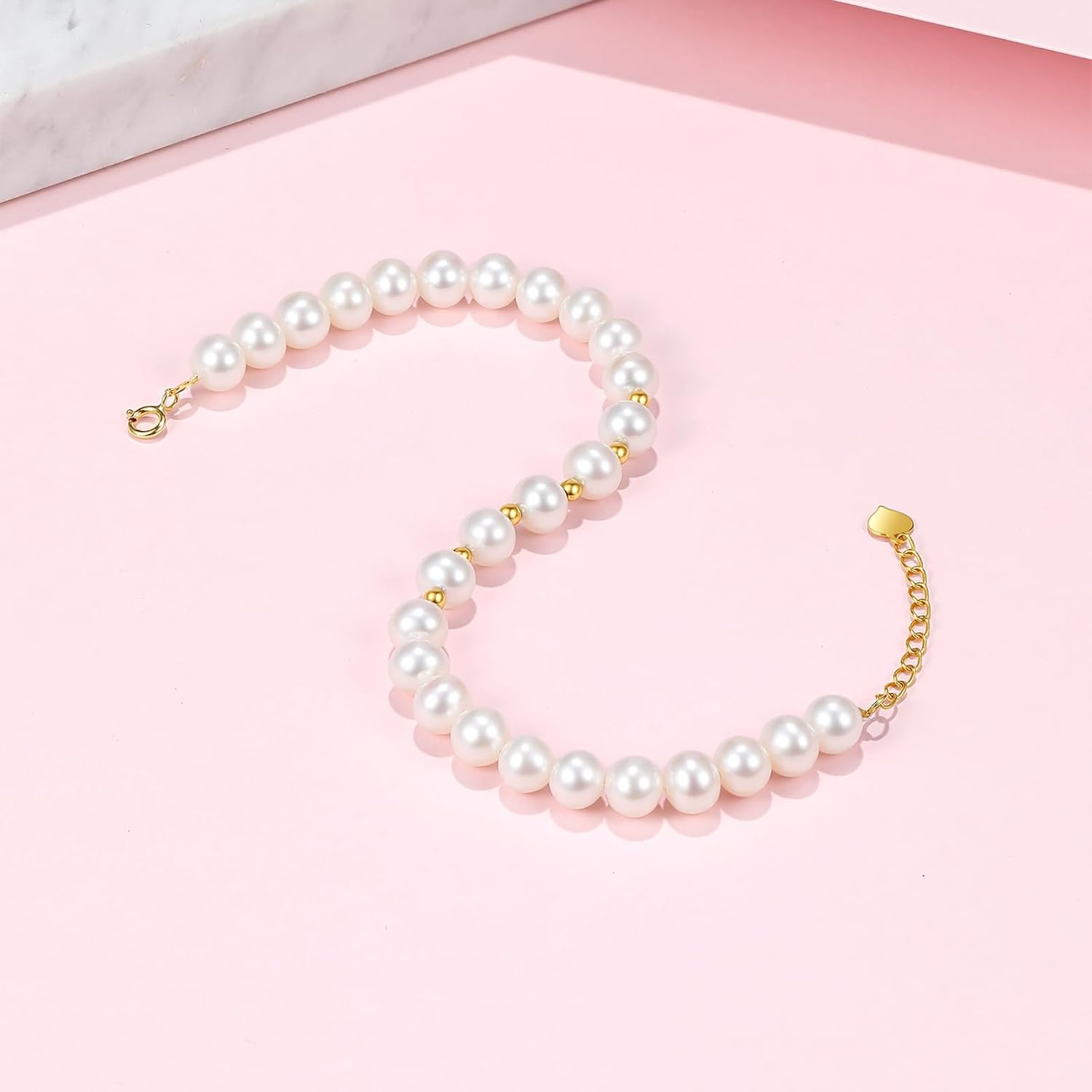 18kt Gold Bracelet for Women, 18K Gold Freshwater Pearl Bead Bracelet Dainty Jewelry Fashion Yellow Gold Bead Link Bracelet for Girlfriends