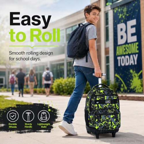 Image of 3Pcs Rolling Backpack for Boys, Men Roller Bag with Wheels for Adults, 19 Inche Graffiti Wheeled Bookbag with Lunch Box(Green)