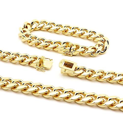Collier bracelet Miami cubain or 14 carats lourd 10mm homme