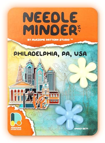 Image of Awesome Pattern Studio Needle Minder Set - Philadelphia Magnetic Needle Minder + 2 Needle Threaders. Enamel Pin for Cross Stitch, Embroidery and Craft