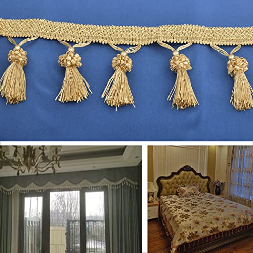 Kuasting Fringe Tassel Lace Trim 12.5 Yards Braided Hanging Beads Handwork Diy Craft Sewing Accessory Lace For Home Curtain Table Decoration (Golden) #TOP4