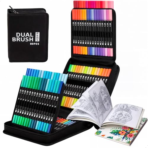 Kit 80 Canetas Ponta Dupla Brush e Fineline Estojo Pasta Organizador Colorir Pintar Desenho Conjunto Multicores Arte Escolar Colorida Pen Lettering