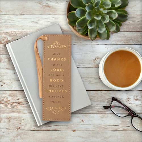 Image of Christian Art Gifts Tan Faux Leather Floral Bookmark for Women: Give Thanks