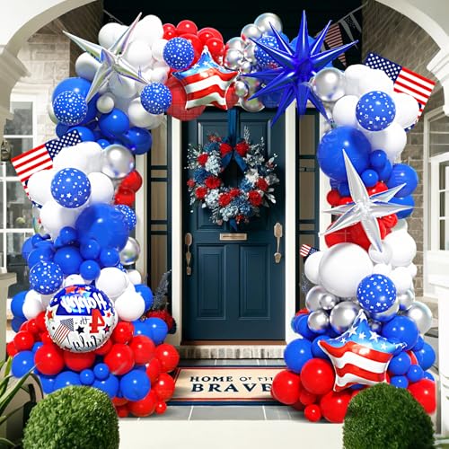 Image of 147Pcs Red White and Blue Balloon Garland Arch Kit with Silver Blue Exploding Star Foil Balloons for 4th of July Independence Day Patriotic Nautical Memorial Veterans Day Theme Party Decoration