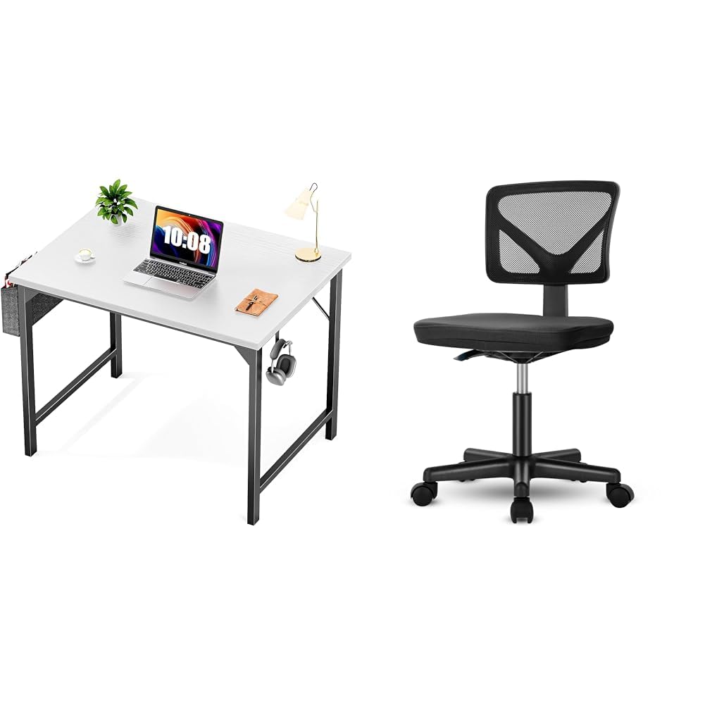 Sweetcrispy Small Computer Office Desk 32 Inch Kids Student Study Writing & Office Computer Desk Chair, Ergonomic Low-Back Mesh Rolling Work Swivel Chairs