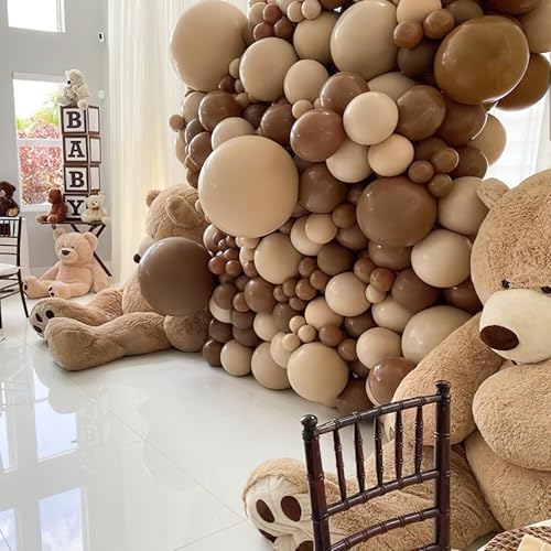 Image of PartyWoo Brown Balloon Arch Kit Garland 142pcs Different Sizes of 18 12 10 5 Inch Dark Brown White Sand Beige Neutral Boho Fall Gold Confetti Balloons for Baby Shower Birthday Safari Party Decorations