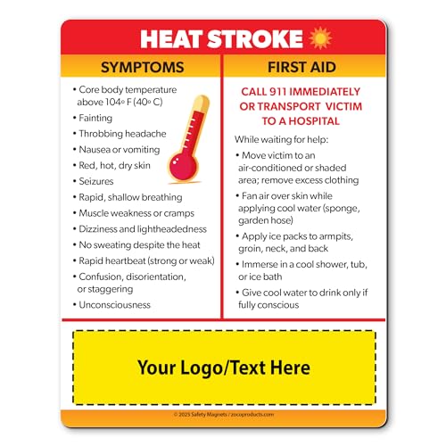 Safety Magnets by ZOCO – 100-Pack Heat Stroke Signs & First Aid Custom Fridge Magnets – Personalized Promotional Product for Healthcare & Businesses – 4' x 5'