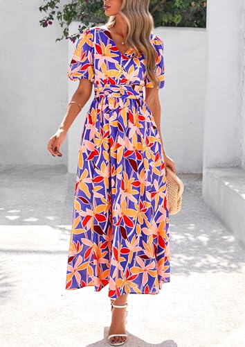 Image of PRETTYGARDEN Womes Boho Maxi Dresses 2026 Summer Spring V Neck Puff Sleeve Empire Waist A Line Flowy Long Beach Floral Dress