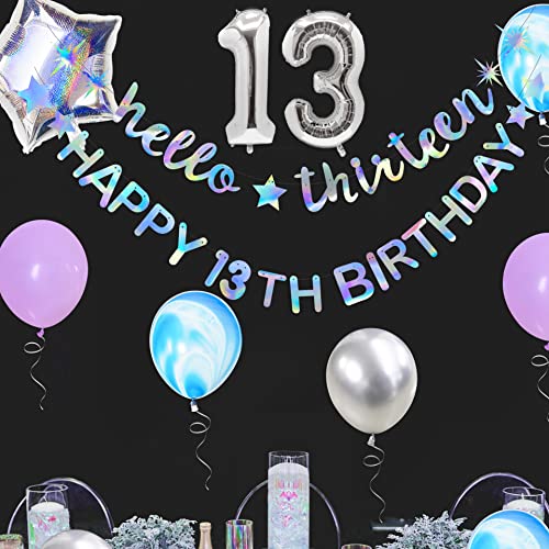 Image of Iridescent Hello Thirteen Happy 13th Birthday Banner Garland Foil Balloon 13 for 13 Birthday Decorations Official Teenager 13th Birthday Decor for Teen Girls 13 Year Old Birthday Party