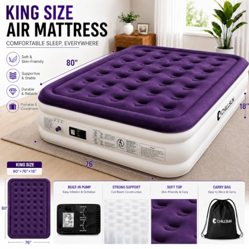 Image of CHILLSUN King Air Mattress with Built in Pump, 18 inch Raised Comfort Blow up Mattress, Upgraded Air Bed Inflatable Mattress for Guests & Home, colchones inflables, AirBed, 750lbs Max