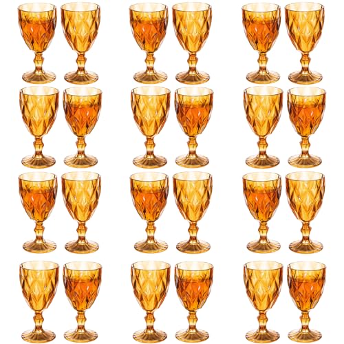 24 Pack Vintage Wine Glasses, Plastic Reusable 12 Ounce Colored Water Goblets, Unique Embossed Pattern Unbreakable Stemmed Wine Glasses High Clear Wedding Party Bar Drinking Cups Amber
