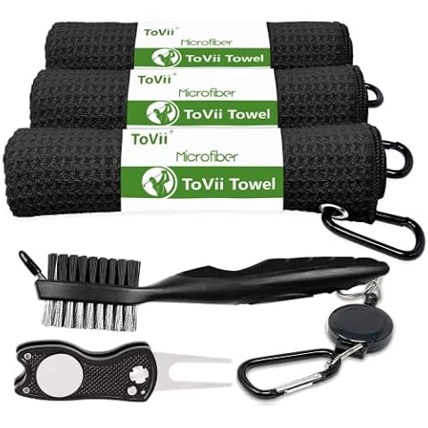 ToVii Golf Towel Microfiber Waffle Pattern Club Groove Cleaner Brush Foldable Divot Tool with Magnetic Golf Gifts Accessories Set Black Cover
