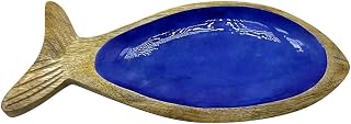 Bandeja de presentación o servicio de madera en forma de pescado, 34 cm, color azul real