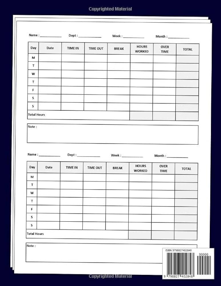 WEEKLY TIME SHEET LOG BOOK : Individual Employee Work Hours Log Including Overtime With Notes | Undated Time sheet Book with 238 Weeks: Time, Precious: 9798827402848: Amazon.com: Books weekly-time-sheet-log-book-individual-employee-work-hours-log-including-overtime-with-notes-undated-time-sheet-book-with-238-weeks-time-precious-9798827402848-amazon-com-books