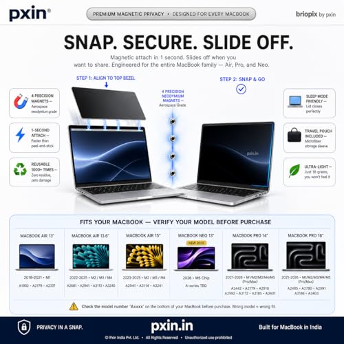 Image of Pxin Briopix Magnetic Privacy Screen compatible with 14 Inch Mac book Pro | Anti Blue | Anti Glare | UV (A /B /C) Block | Nano Privacy Filter