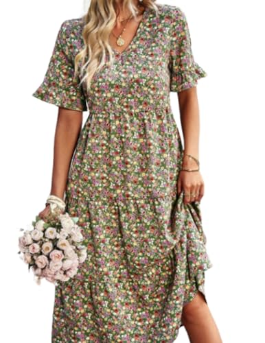 Zeagoo Sommerkleid Damen V-Ausschnitt Blümchenkleid A Linie Kurzarm Wickelkleid Strandkleid