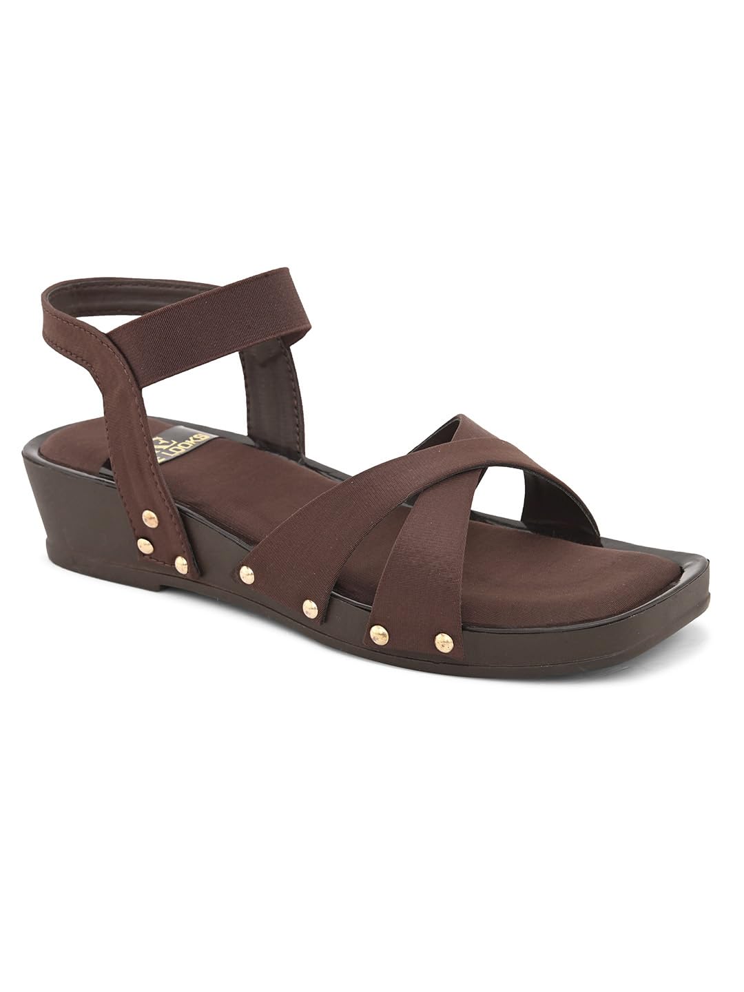 XE Looks Women's Brown Wedges Sandals | Cross Strap Design with Gold Stud Detailing | Comfortable, Attractive & Fancy Ankle Strap-Wedges Cushioned Footbed | Stylish Wedges Sandals For Girls & Women 3