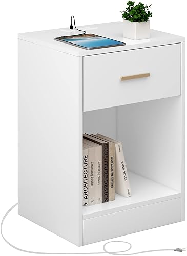 LAPTAIN Mesita de noche con estación de carga mesa auxiliar con cajón de almacenamiento y armario abierto mesita de noche para dormitorio color LAPTAIN Mesita de noche con estación de carga mesa auxiliar con cajón de almacenamiento y armario abierto mesita de noche para dormitorio color