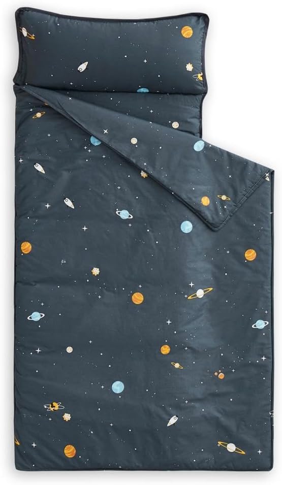 Wake In Cloud - Toddler Nap Mat with Pillow and Blanket, 100% Cotton Fabric, for Kids Boys Ages 3 Plus in Daycare Kindergarten Preschool, Roll Up Sleeping Bag, Galaxy Spaces - Image 4