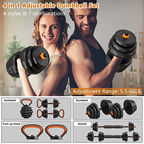 4 In 1 Adjustable Dumbbells Set, 66Lb Free Weights Dumbbells With Non-Slip Handle, Multiweight Dumbbells/Barbell/Kettlebell/Push-Ups With Hexagon Connector, Home Gym Workouts For Men/Women #TOP1