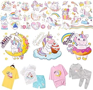 MWOOT 6pcs Unicorn Iron On Transfer Patches for Kids T-Shirt Outfit Decoration, Heat Transfer Appliques, Girls Clothing Thermal Sticker Decals, Rainbow Birthday Party Apparel Embellishment Accessories