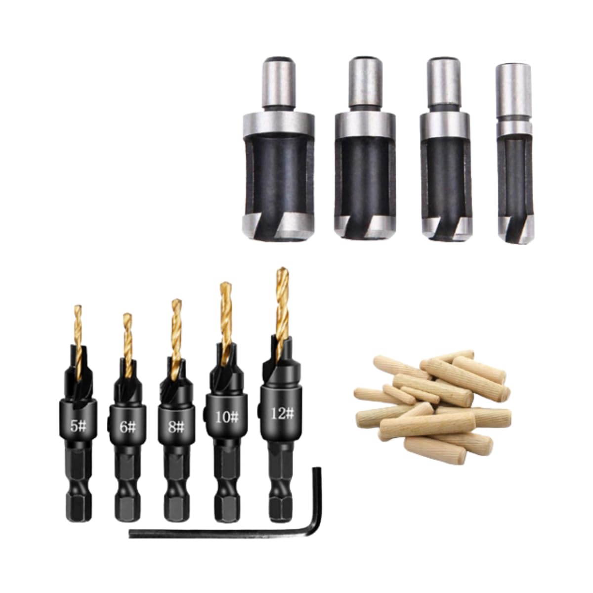 6-Piece Wood Plug & Countersink Drill Bit Set | Hex Shank | Titanium Coated | for Woodworking & DIY