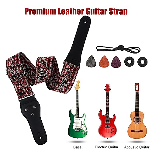worahroe Sangle de guitare vintage en coton brodé avec extrémités en cuir véritable, rouge, Refer to detailed description - Les Beatles, Paul McCartney, John Lennon, RIngo Starr, George Harrison worahroe Sangle de guitare vintage en coton brodé avec extrémités en cuir véritable, rouge, Refer to detailed description – Image 6