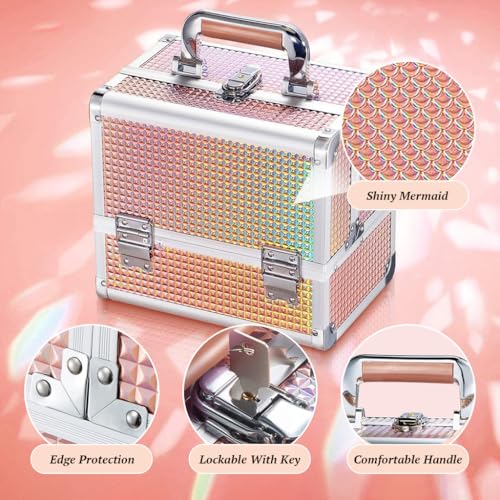 Image of MAYCREATE Portable Makeup Organizer Suitcase Aluminum Alloy Travel Suitcase Multi Compartment Stackable Drawers Design Make-up Artist Train Case with Makeup Mirror & Makeup Brush Holder