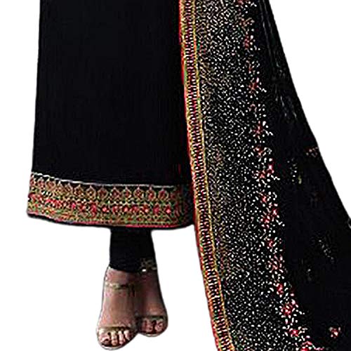 Image of Miss Ethnik Women's Black Georgette Semi Stitched Top With Unstitched Santoon Bottom and Faux Georgette Dupatta Embroidered Straight Kurta Dress Material (Salwar Suit Set) (ME-1-976-Black)