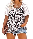 RITERA Plus Size Tops for Women Leopard Print Short Sleeve Color Block Raglan Stripe Cheetah Shirt Oversized Summer Crew Round Neck 2X 18W 20W