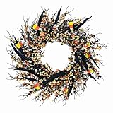 18 Inch Halloween Wreath for Front Door - Orange Black Wreath with Berries Candy & Black Leaves, Spooky Halloween Decor for Indoor Outdoor Fireplace Porch Window Party