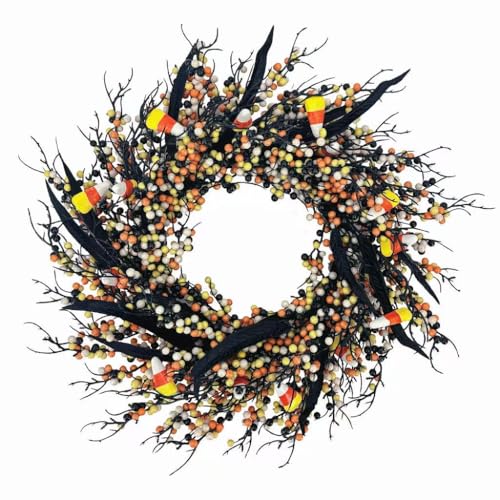 18 Inch Halloween Wreath for Front Door - Orange Black Wreath with...